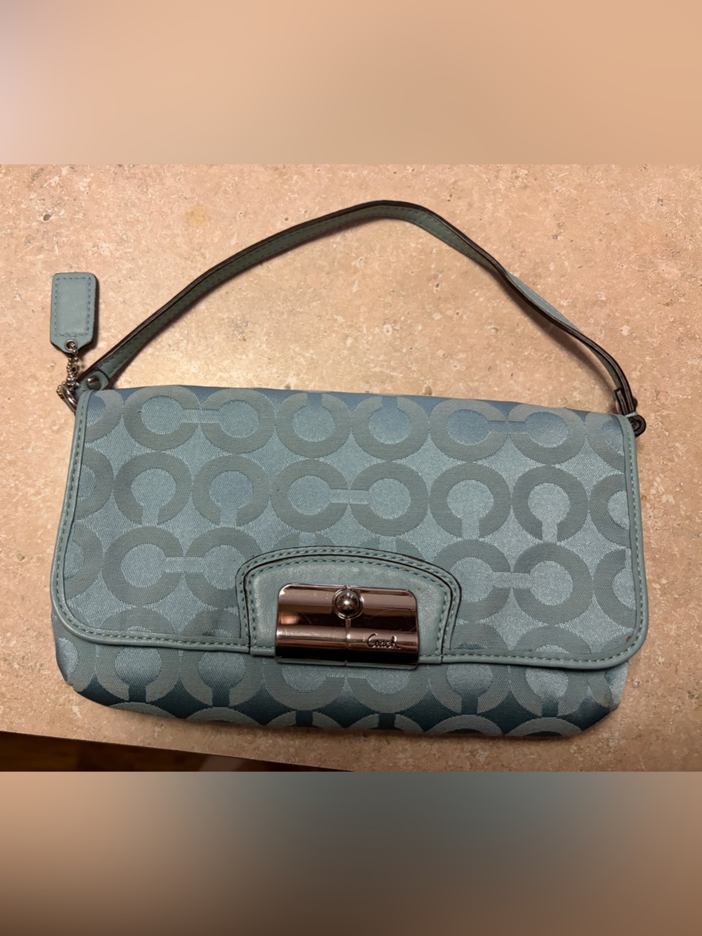 Vintage Coach Teal Signature Jacquard Clutch with Silver-Tone Turnlock y2k - Picture 2 of 11